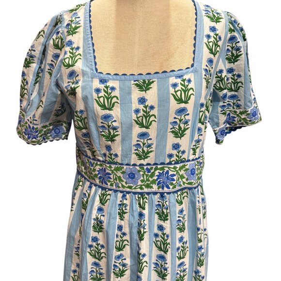 Pink City Prints Evelyn Dress Sky Lily Stripe Blue Floral Block Print Large - Picture 9 of 14